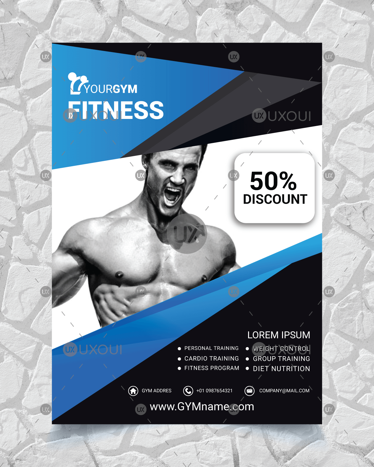 Blue And Black Gym Fitness Flyer Cover Template With Image Vector Uxoui